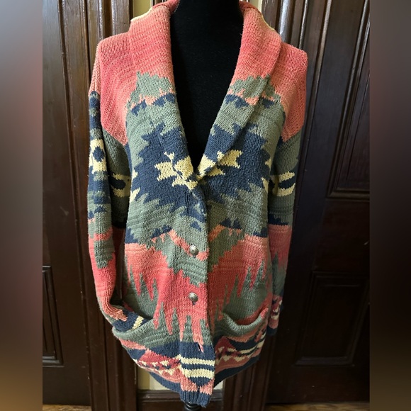 Ralph Lauren western Vintage Handknit Southwest Sweater Cardigan size Large - Picture 8 of 11